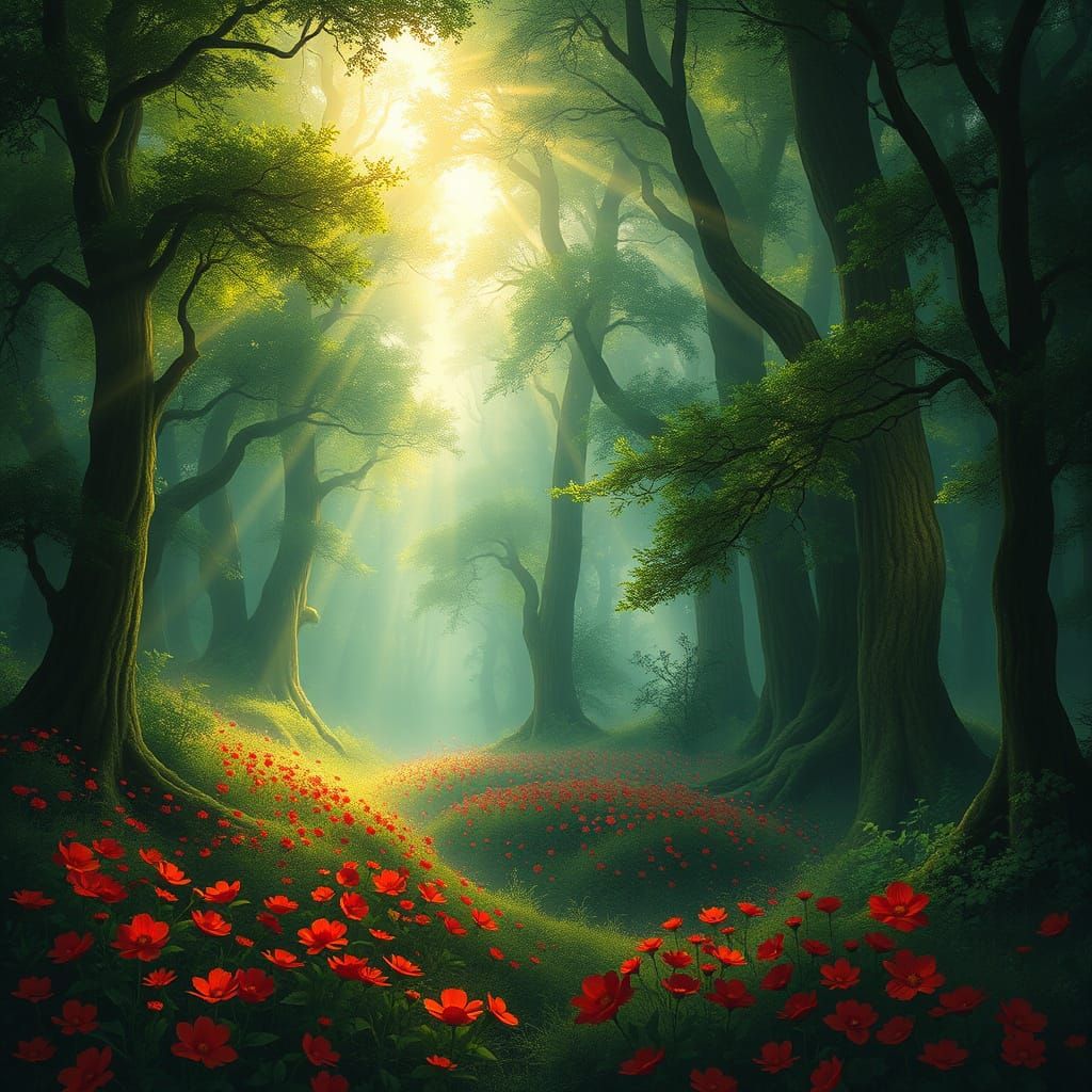 Magical Forest with Glowing Trees and Red Flowers