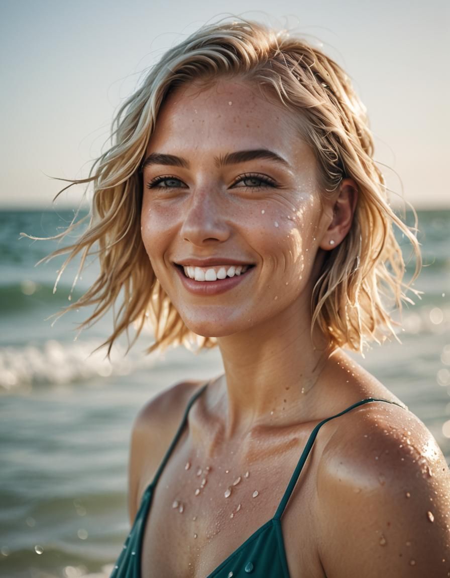 Radiant Woman at Palm Beach in Fashion Photography Style