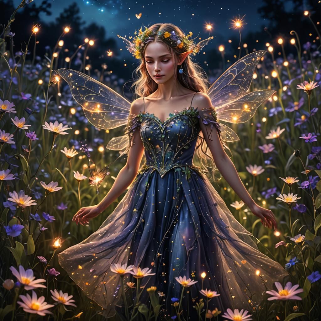 Fantasy Elf Dancing in Magical Flower Field