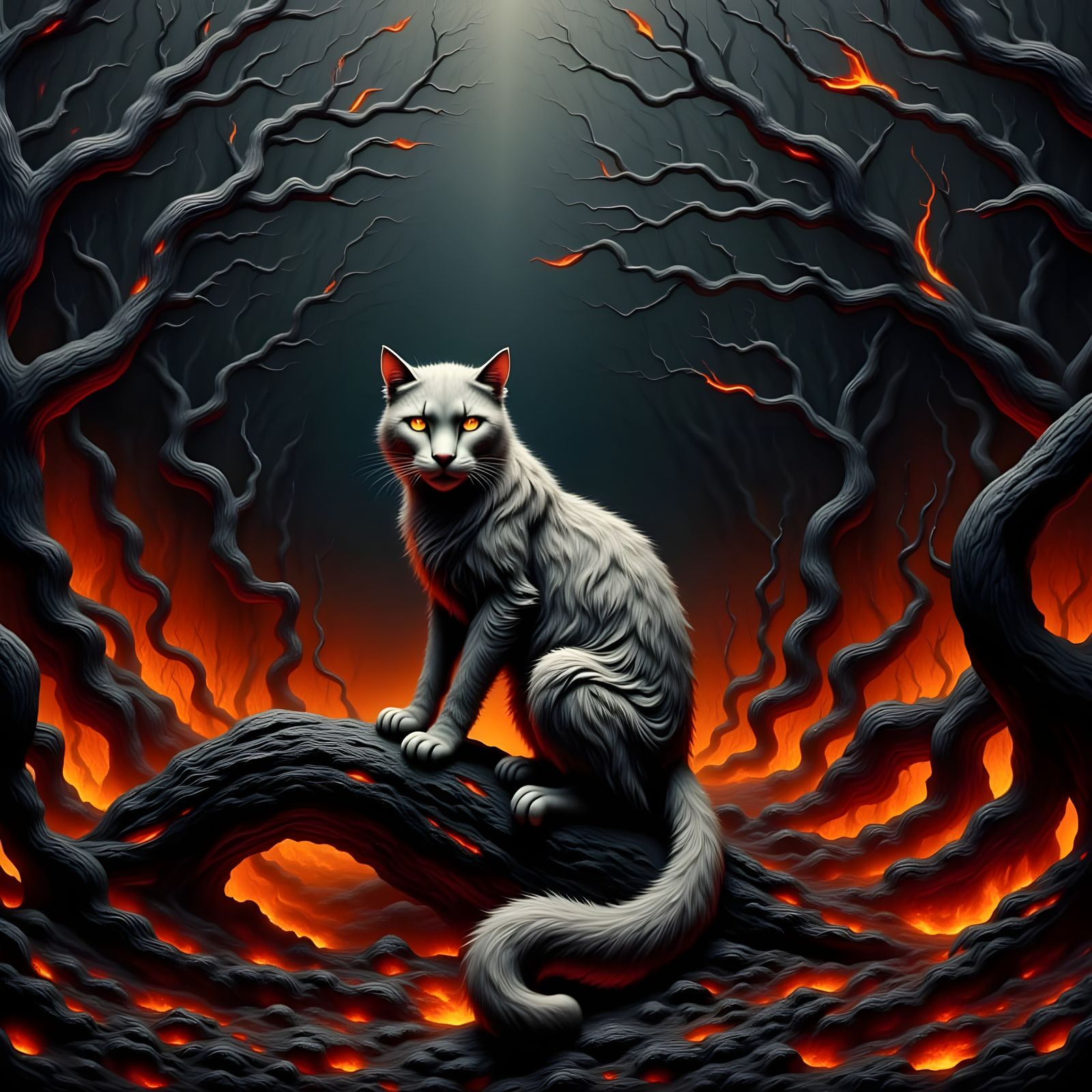 Eerie Spectral Panther in Charred Forest, Renaissance Oil Pa...