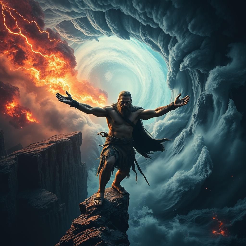 Primal Figure Defies Elemental Storm in Dramatic Art