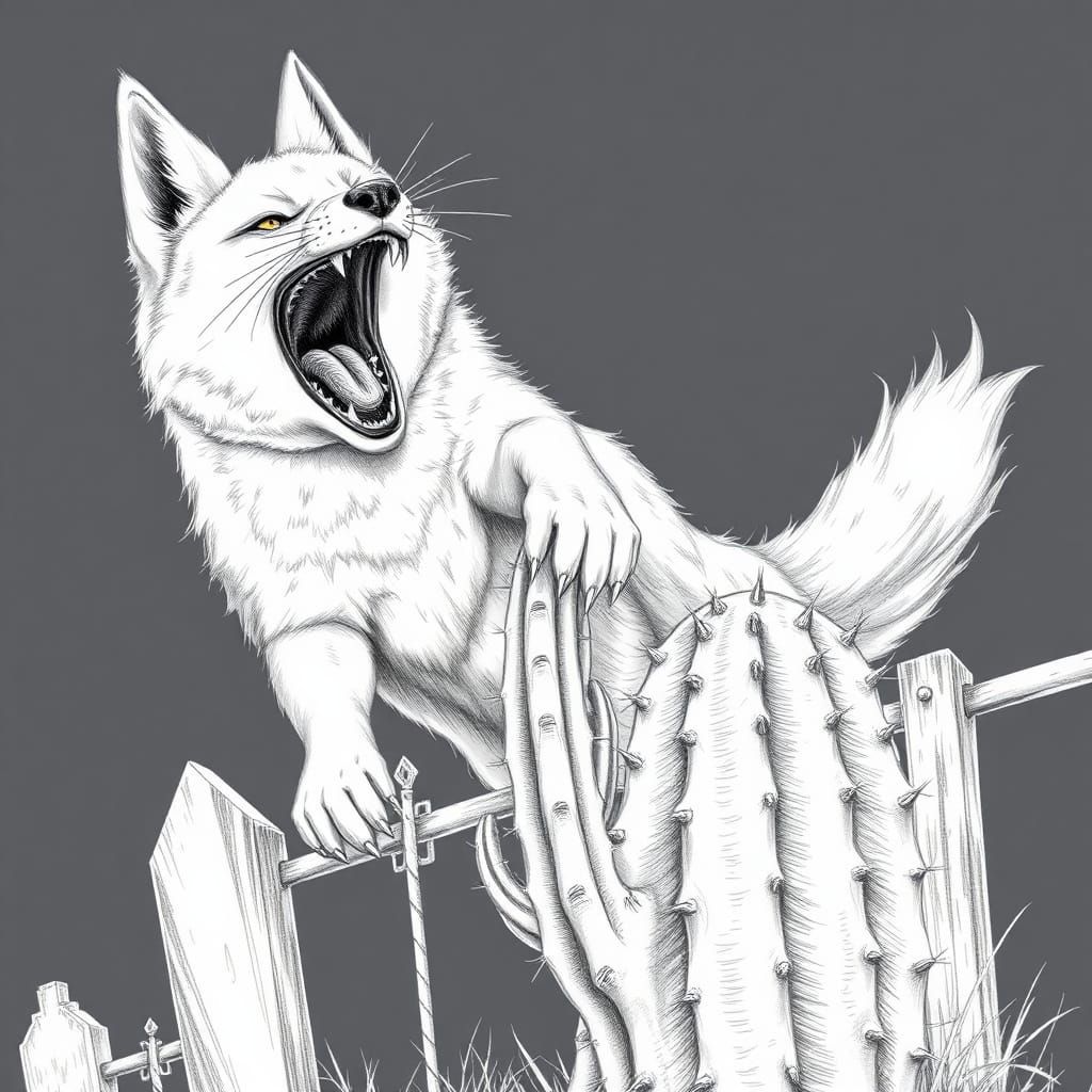 Fox Attacks Cactus in Cemetery, Pencil Drawing
