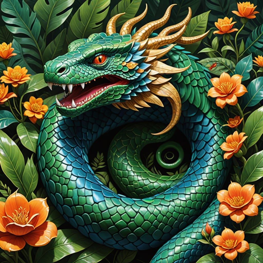 Serpent God of Creation in Vibrant Pre-Columbian Style