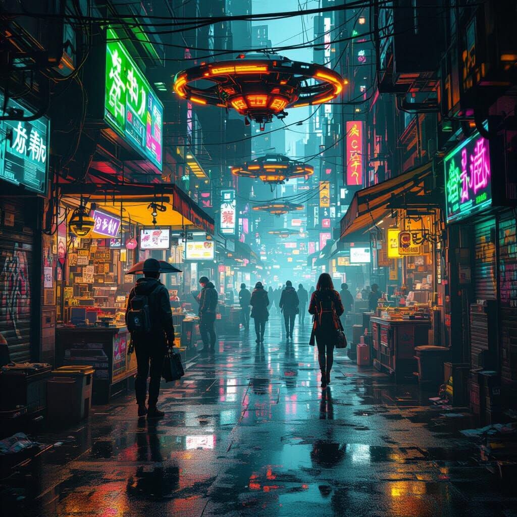 Cyberpunk Underground Market with Neon Lights