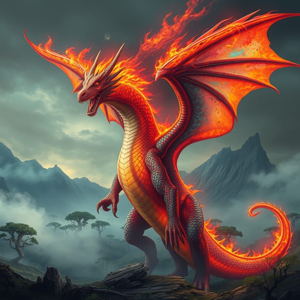 Mythical Fire Dragon in Iridescent Scales