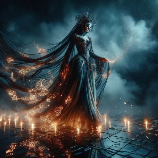 Mythic Goddess in Shimmering Avant-Garde Attire with Glowing...