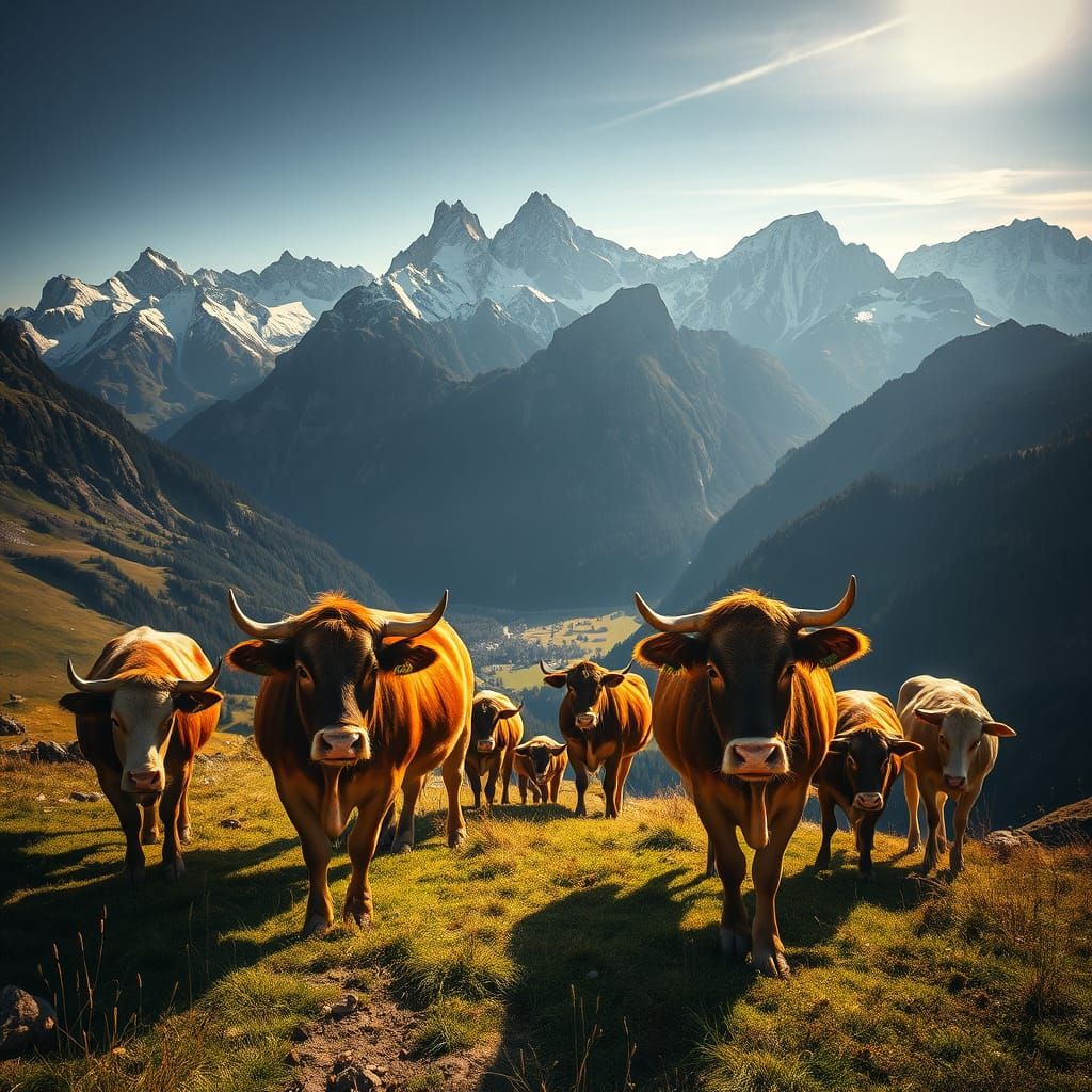 Swiss Alps Cows Grazing in Sun-Drenched Valley Oil Painting