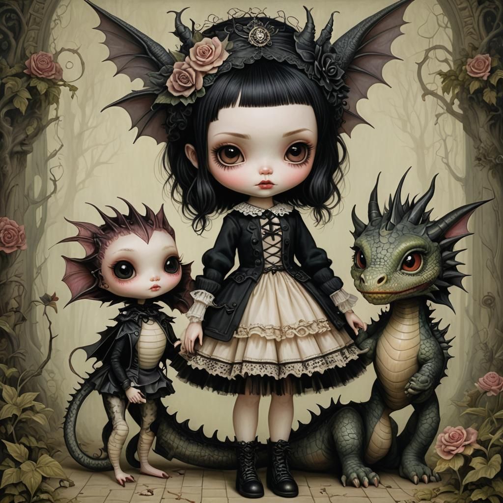 Emo Doll with Dragon Companion in Pop Surrealism