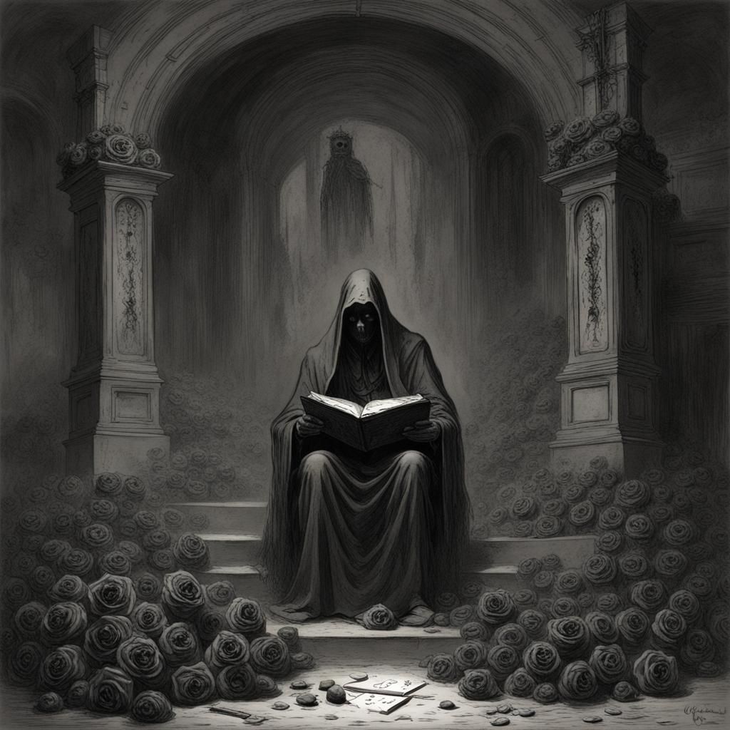 Eerie Shrine with Black Roses in Gothic Horror Style