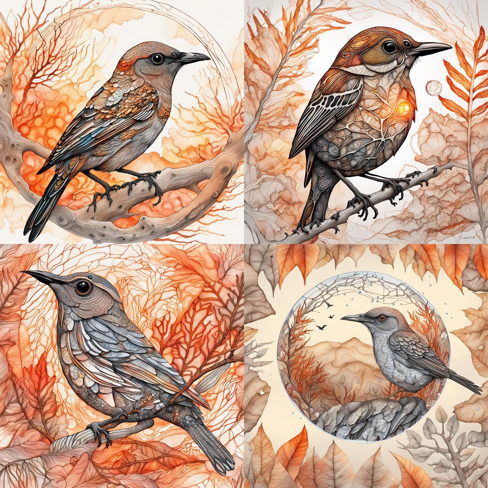 Watercolor Bird Fossil Linework in Surreal Style