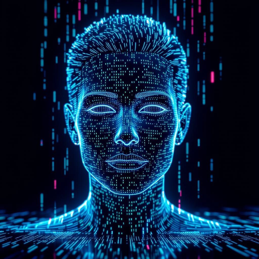 Digital Face Formed From Glowing Code Lines
