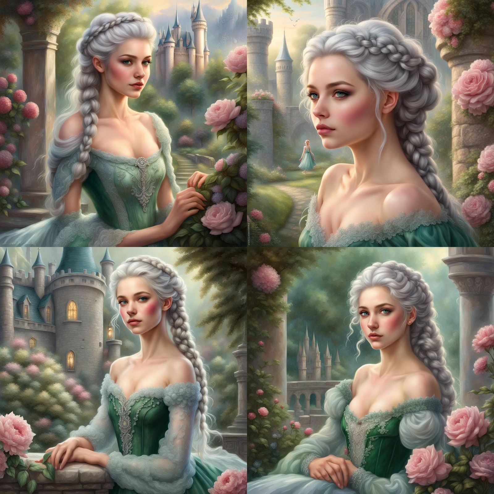 Ethereal Silver-Haired Girl in Royal Green Gown