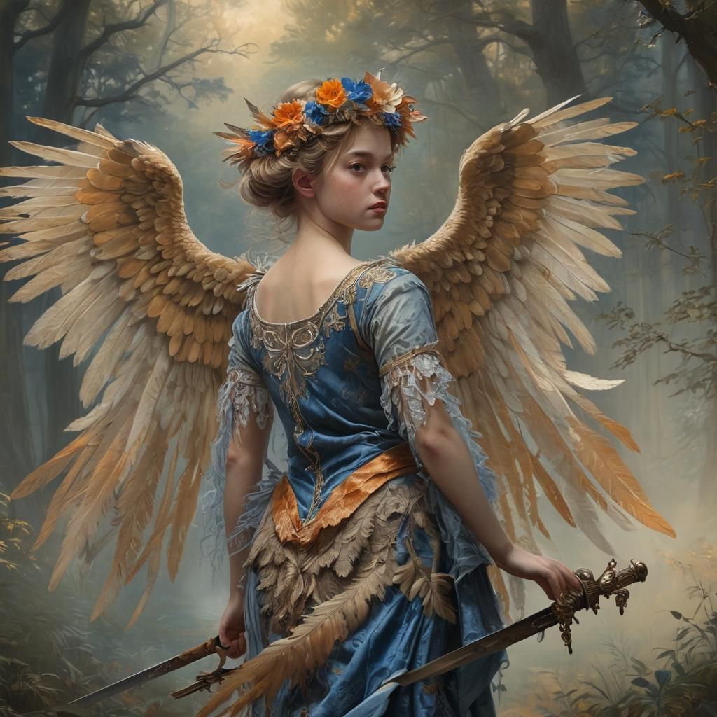 Winged Girl in Mystical Forest, Baroque Style