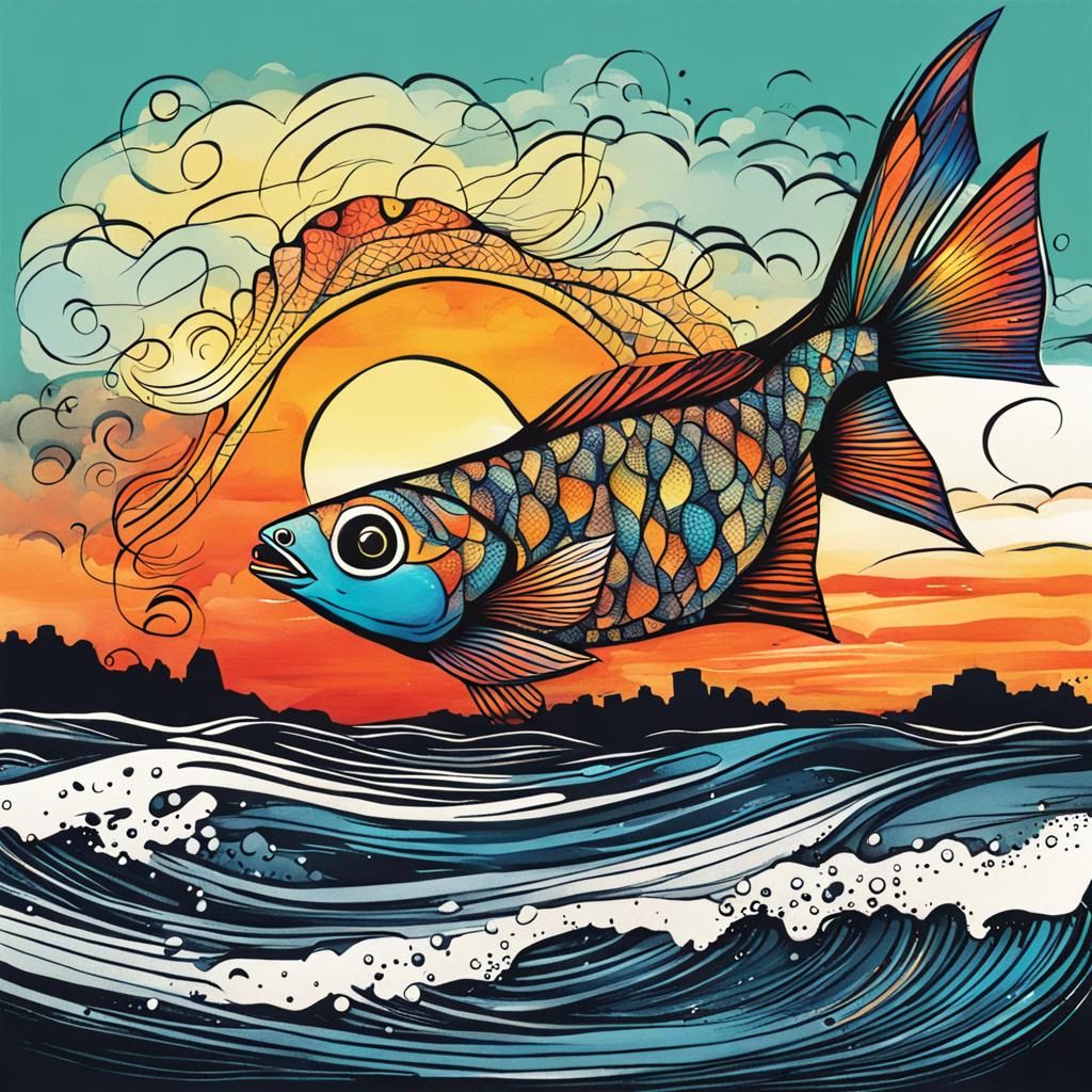 Vibrant Kite Fish Ink Illustration at Sunset