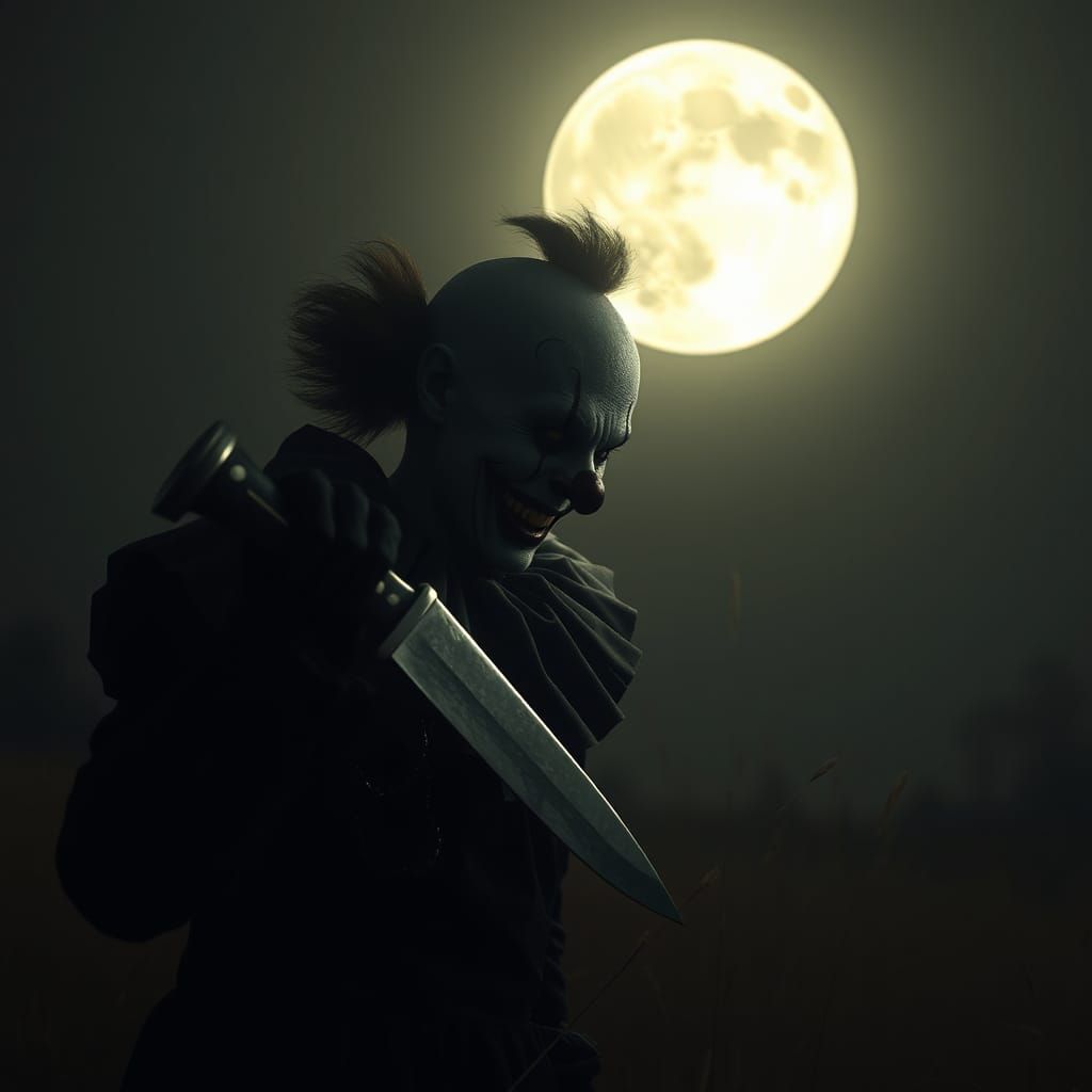 Creepy Clown with Knife and Moon Balloon