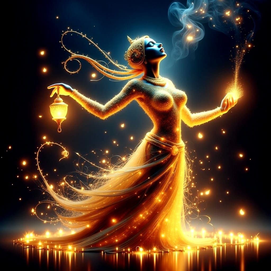 A Golden Genie Unfurls from a Lantern in a Whimsical Arabian...