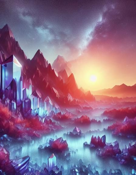 Octahedral Crystal Emitting Blue Light in Starry Sky