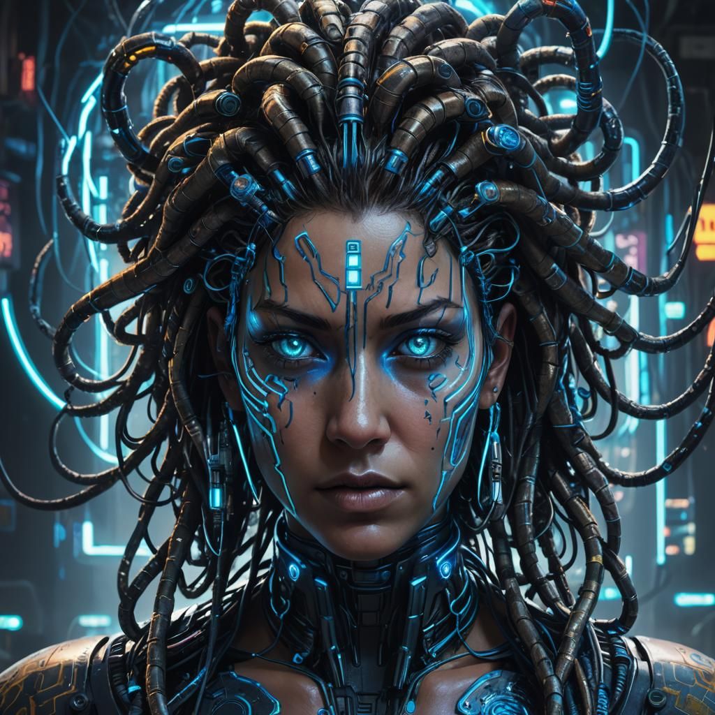 Cybernetic Medusa Portrait in Cyberpunk Style