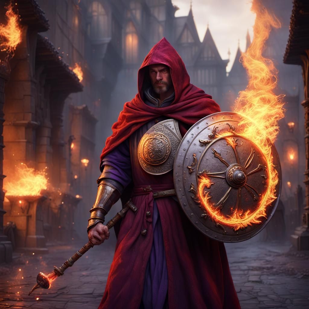 Fiery Warrior in Burning City: Dark Fantasy Concept Art