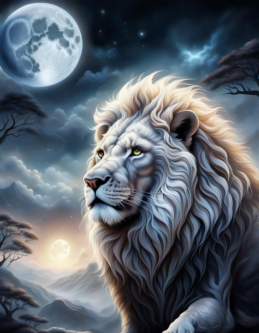 Majestic Lion Roaring at the Moon in Dreamy Landscape