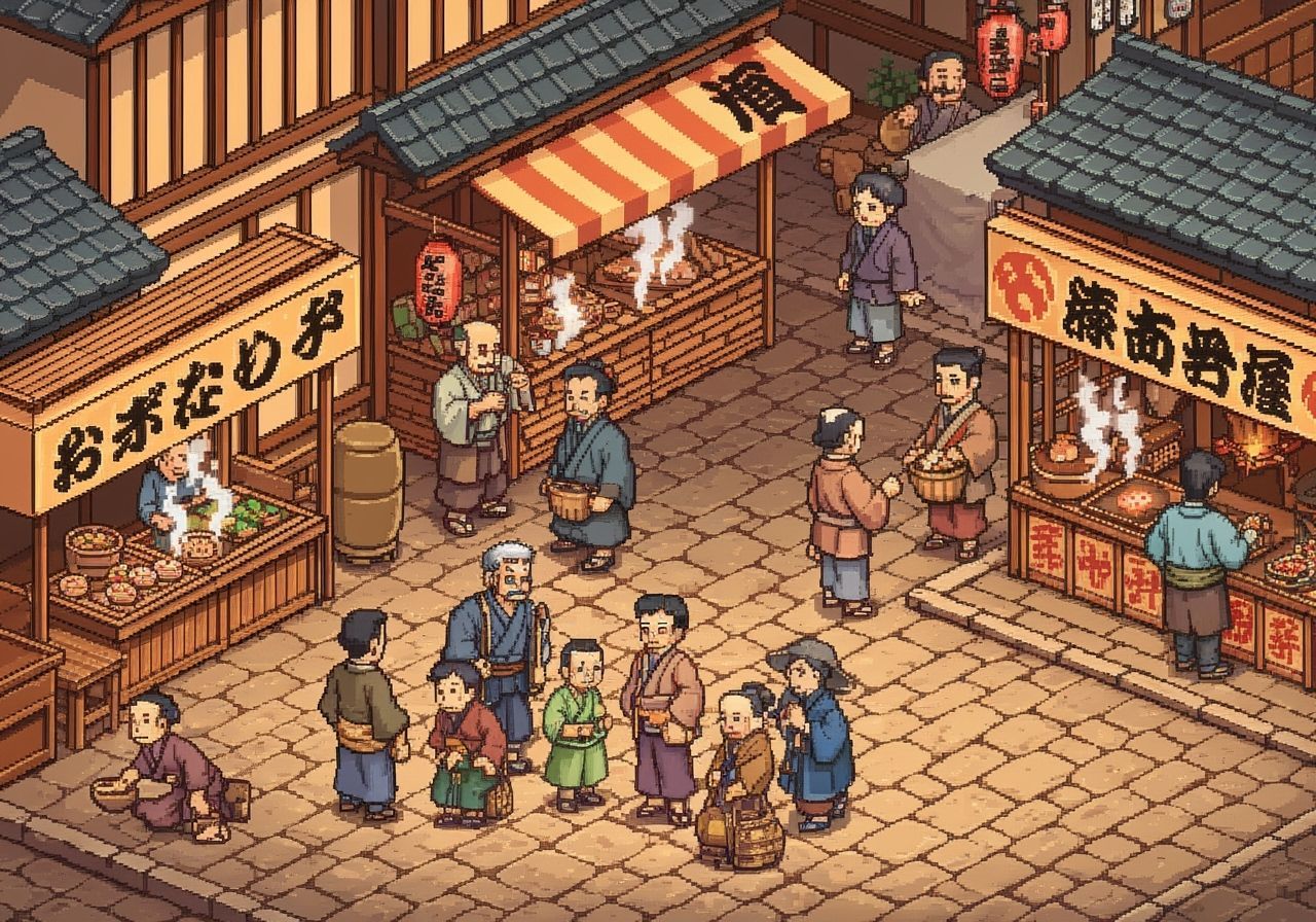Vibrant 8-Bit Pixel Art Edo Marketplace