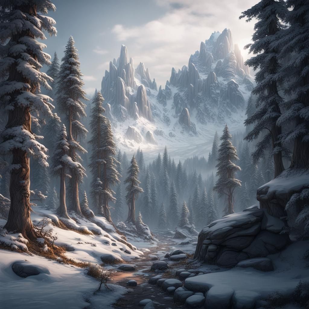 Snowy Woods Mountain View in Detailed Matte Painting