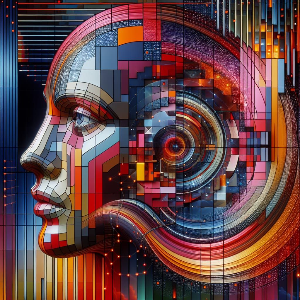 Futuristic Face with Radar Map in De Stijl Style