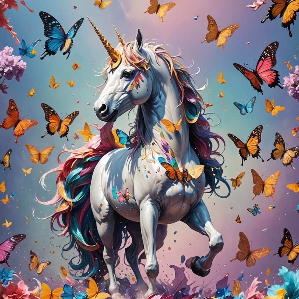 Hyperrealistic Unicorn with Butterfly Wings Splash Art