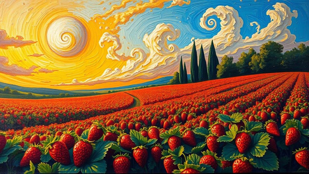 Surreal Strawberry Fields in Warm Post-Impressionist Style