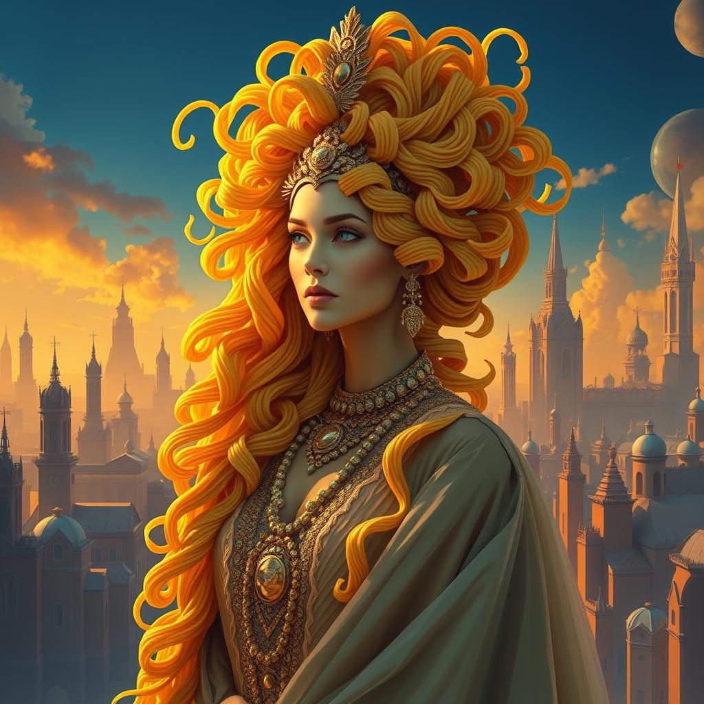 Pasta Packaging Lady in Dreamlike Italian Cityscape