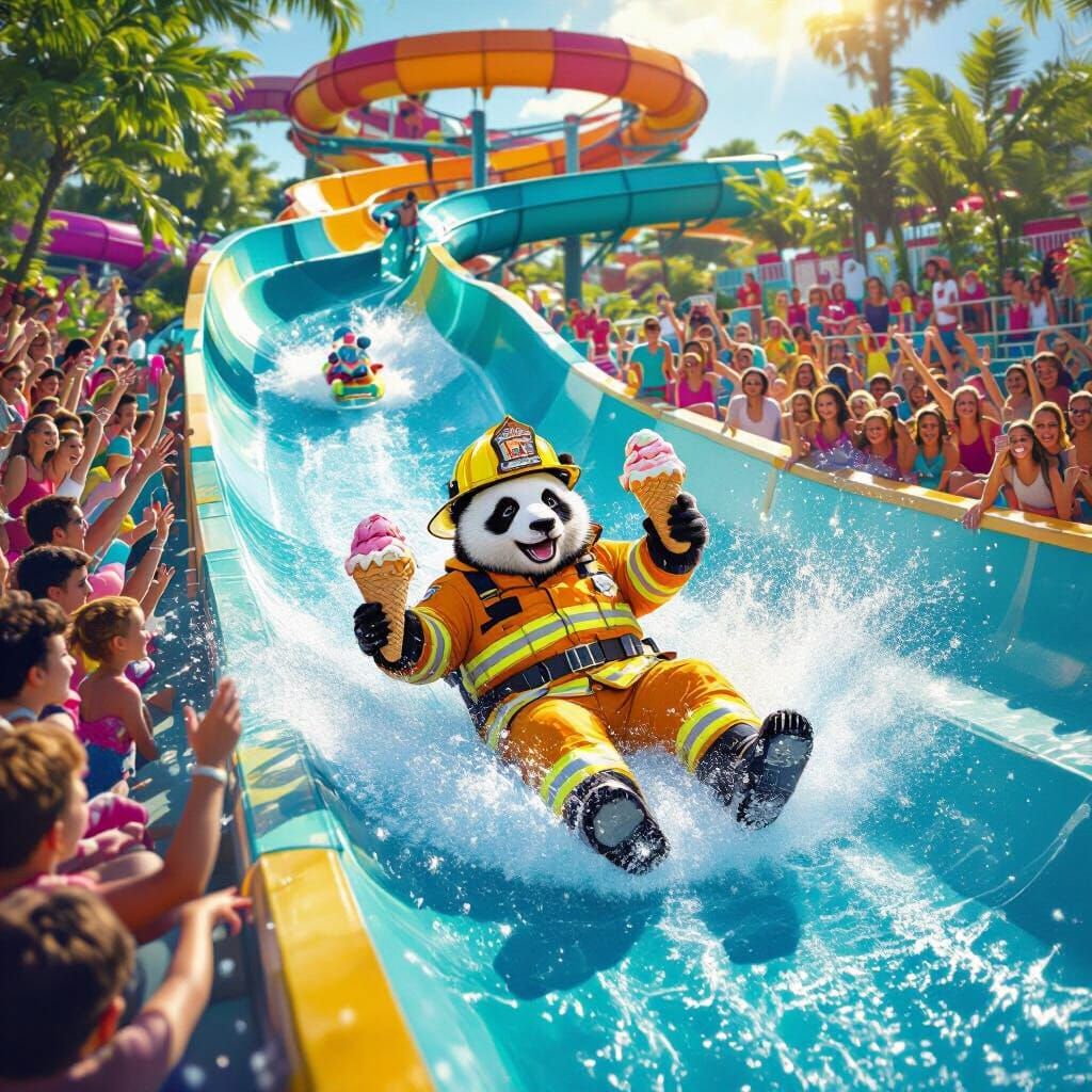 Panda Firefighter Slides Down Water Slide With Ice Cream