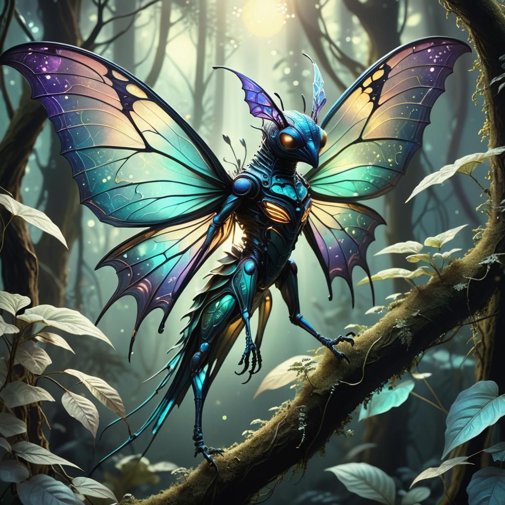 Iridescent Alien Creature in Bioluminescent Exoplanet Forest