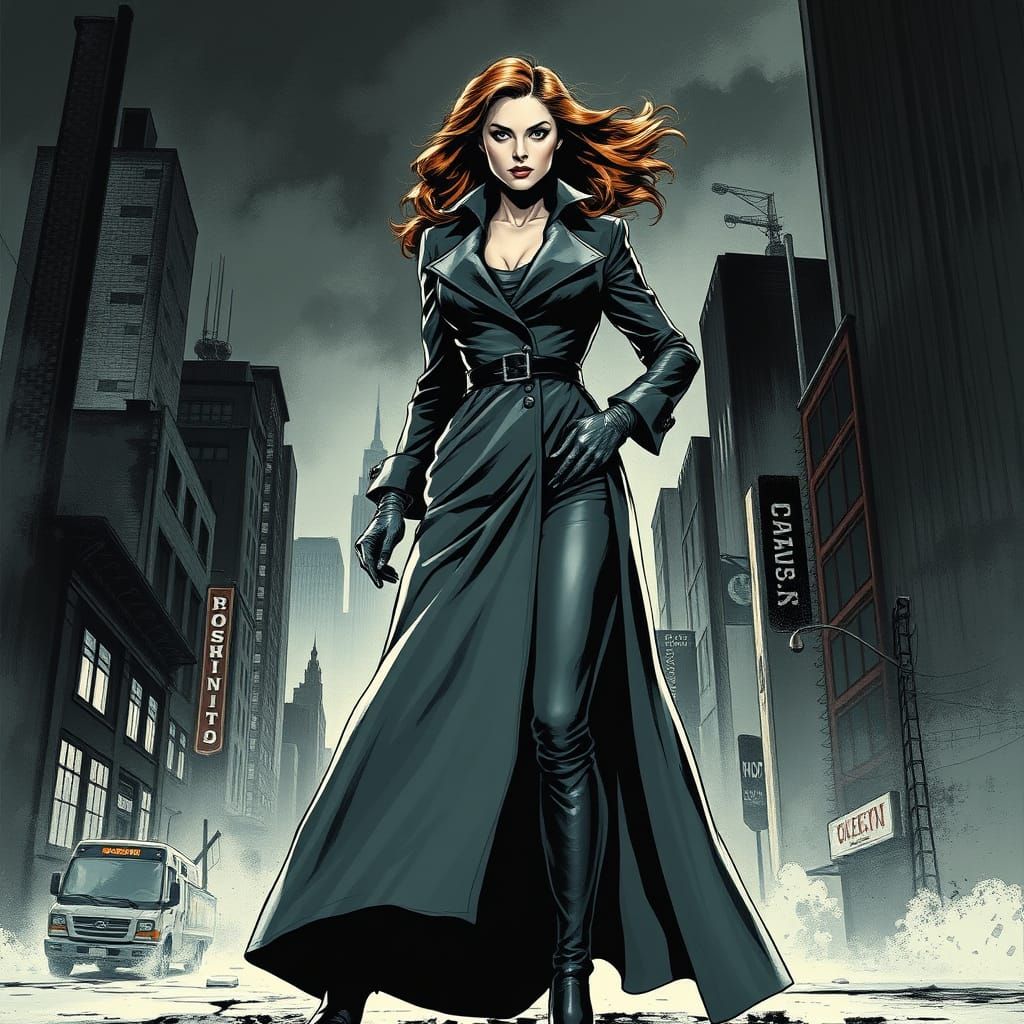 Heroic Woman in Urban Landscape, Comic Book Style