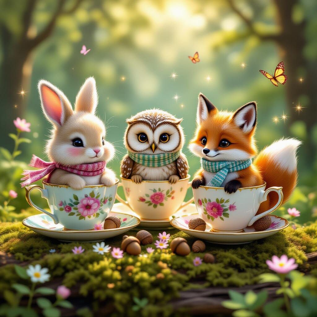 Three adorable forest creatures, a bunny, a wide-eyed owl, a...