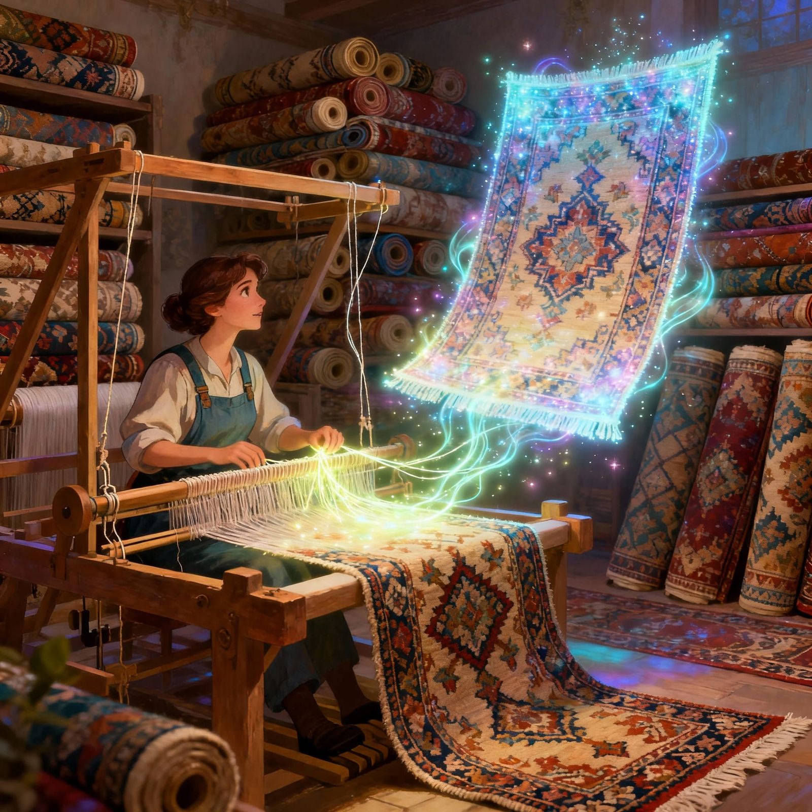 Woman Weaves Glowing Threads on Loom in Fantasy Illustration