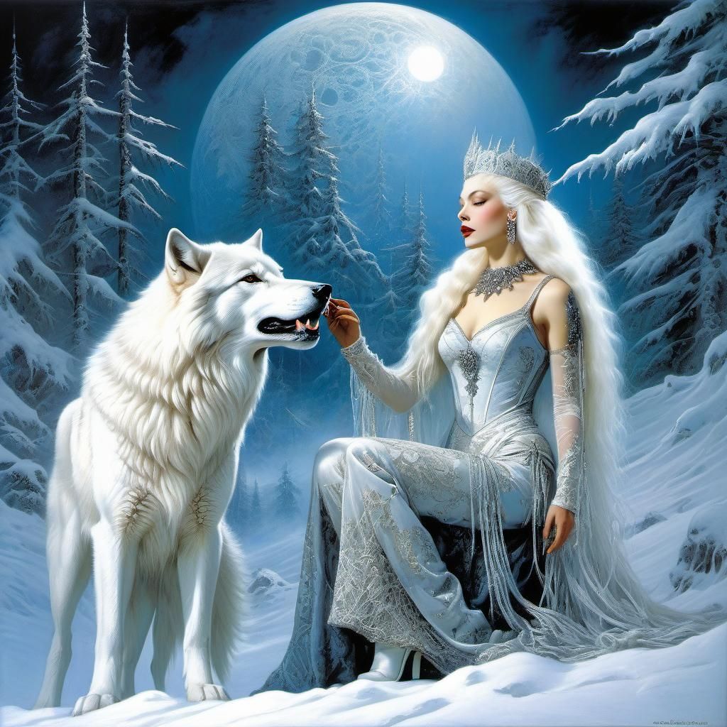 Albino Goddess Queen and White Wolf in Winter