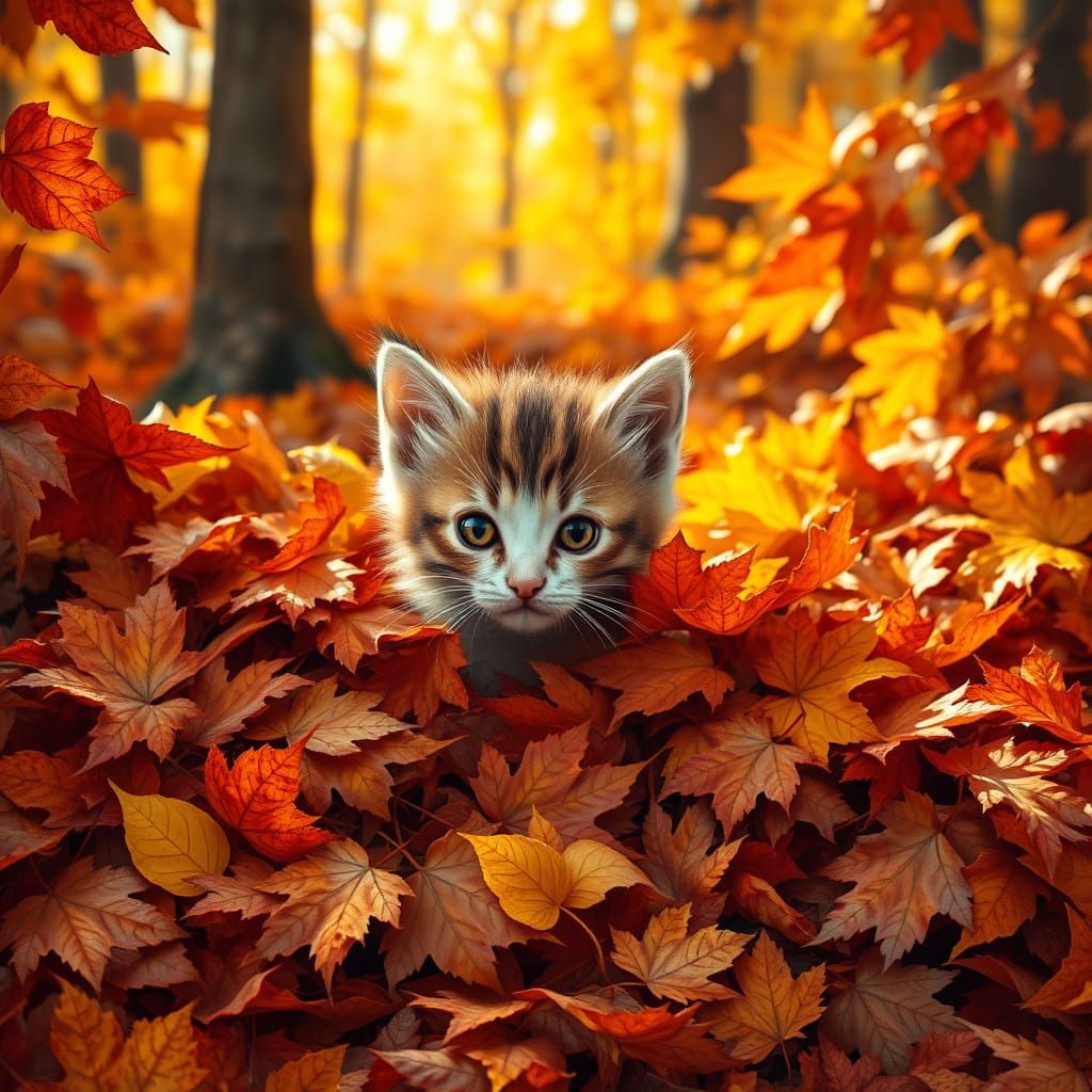 Cute Kitten Hiding in Autumn Leaves