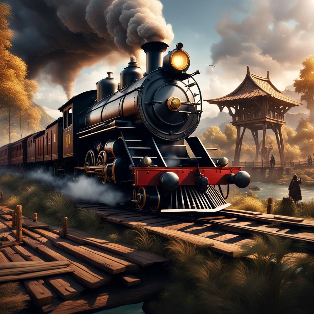 Steam Train Under Attack: Detailed Matte Painting