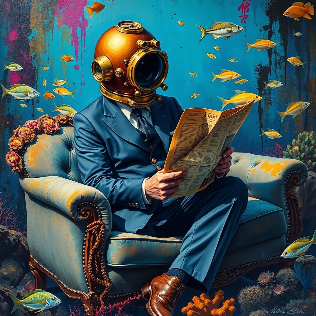 Surreal Diver Reads Vintage Newspaper on Ocean Floor