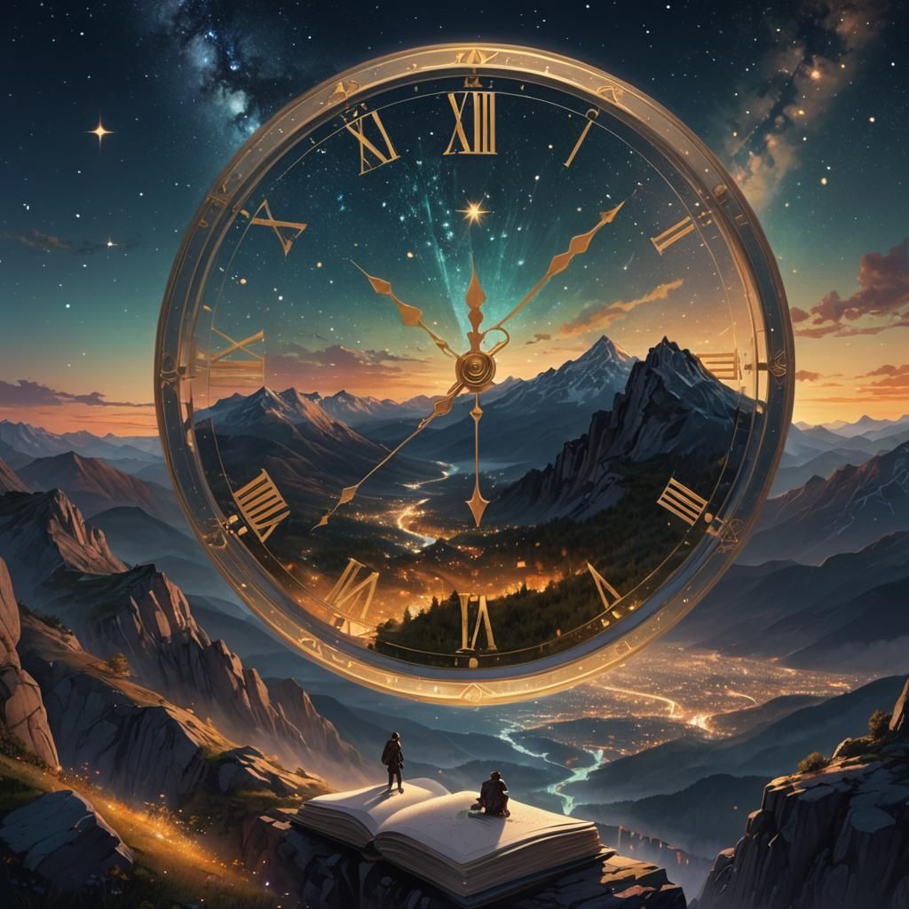 Clockwork Timepiece Over Mountain, Fantasy Digital Art