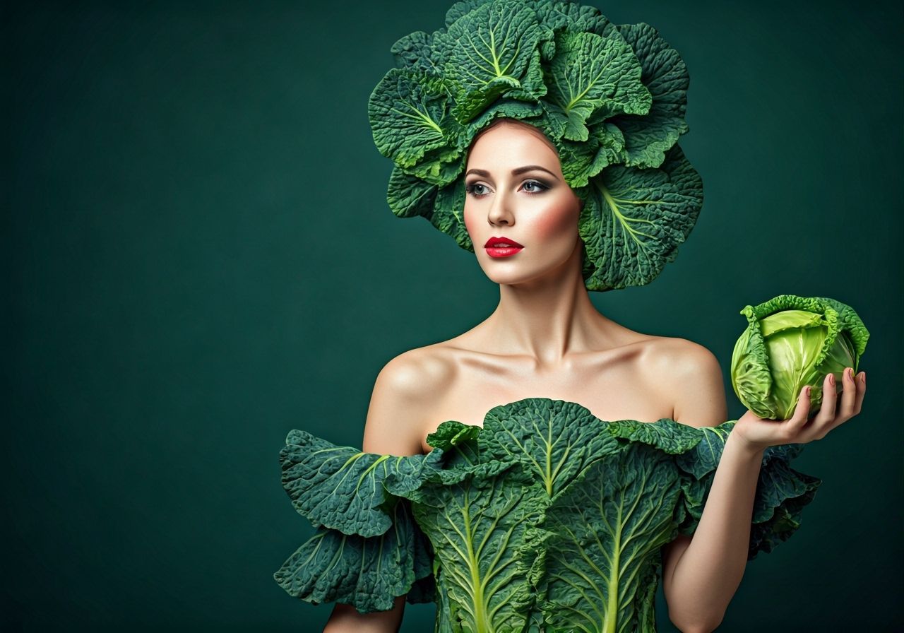 Woman in Cabbage Leaf Attire with Regal Headpiece
