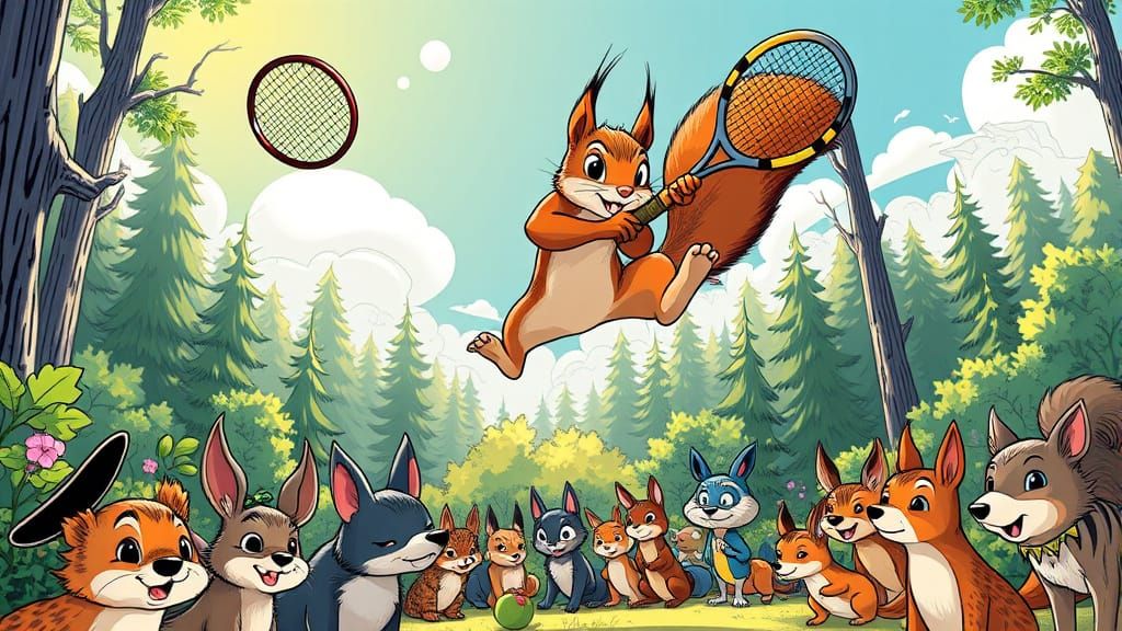 Squirrel Acrobatics: A Nimble Rodent's Forest Tennis Leap