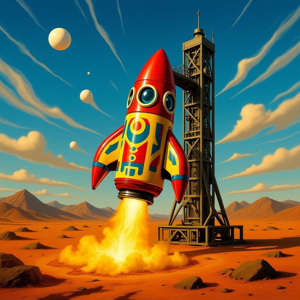 Retro-Futuristic Rocket Launch on Alien Planet