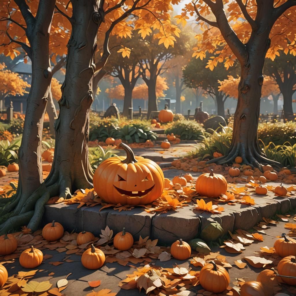 Orange Pumpkin in Autumn Garden, 3D Anime Art