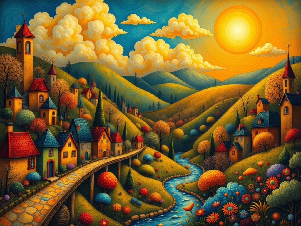 Whimsical Landscape with Bridge in Vibrant Colors