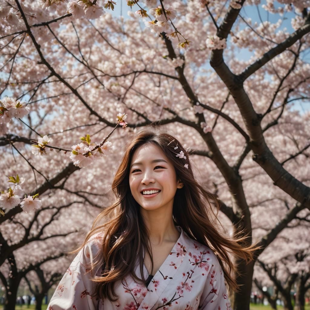 Smiling Japanese Woman Under Cherry Blossoms