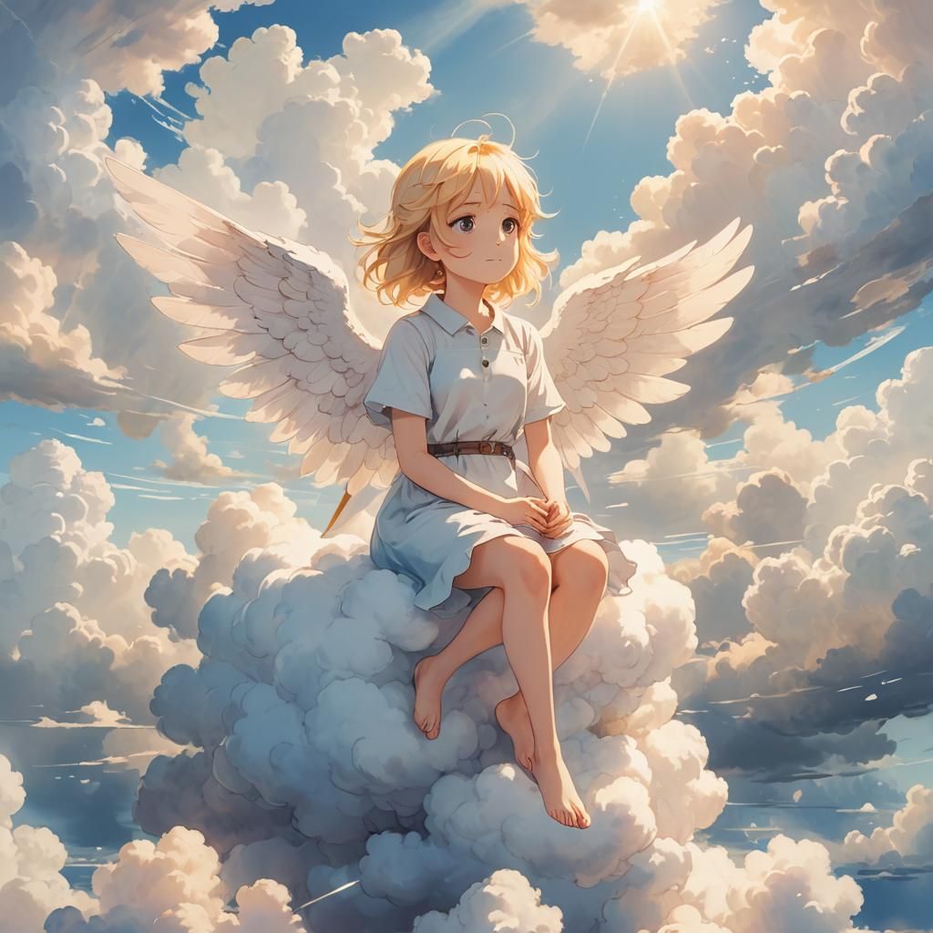 Anime Angel Girl on Cloud in Watercolor Style