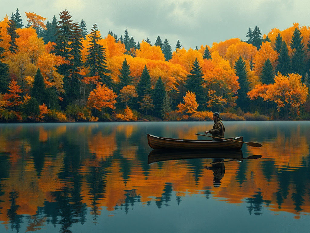 Autumn Fisherman on Lake in Hyperrealistic Style