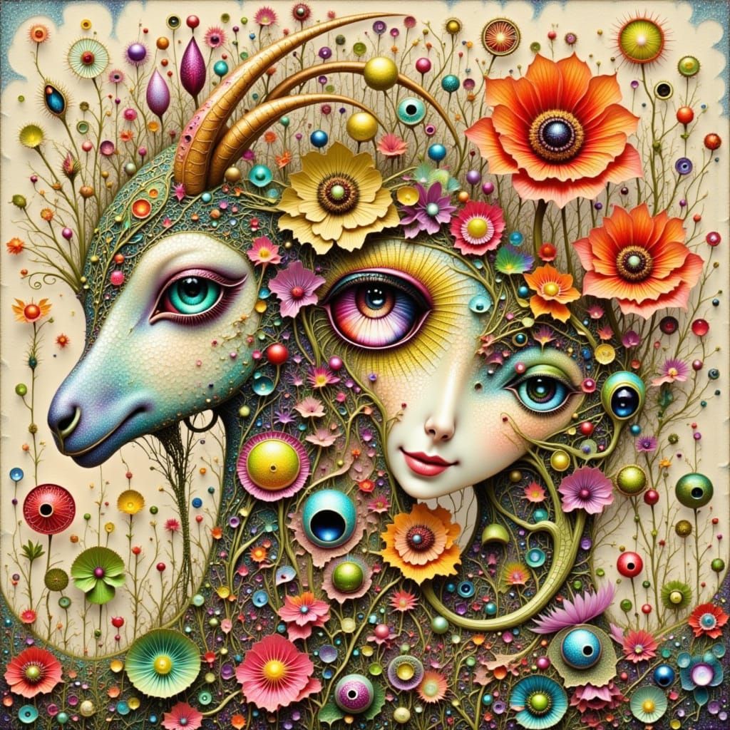 Ethereal Robot Goat Friend in Surreal Abstract Style