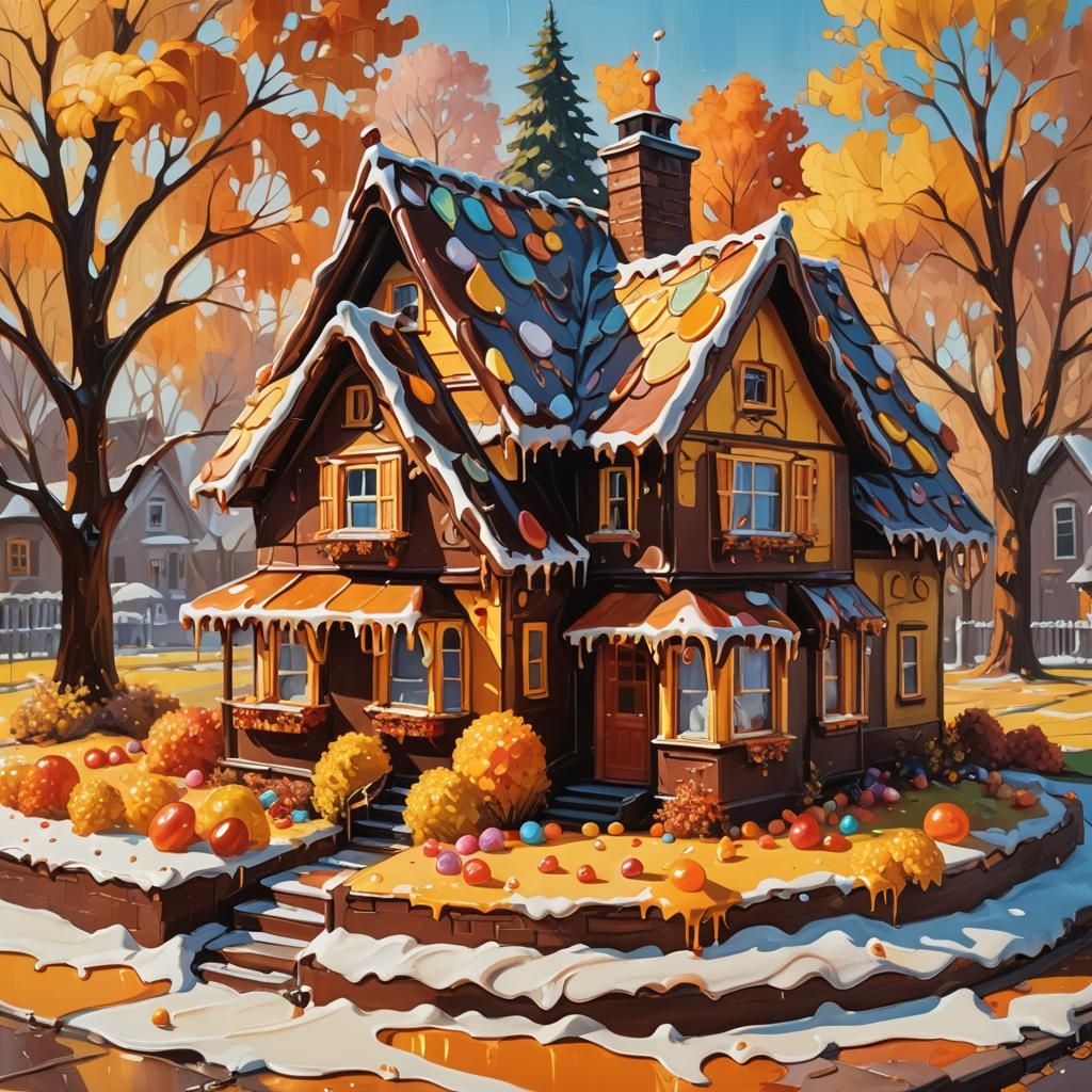 Chocolate House Basking in Sunshine, as Oil Painting